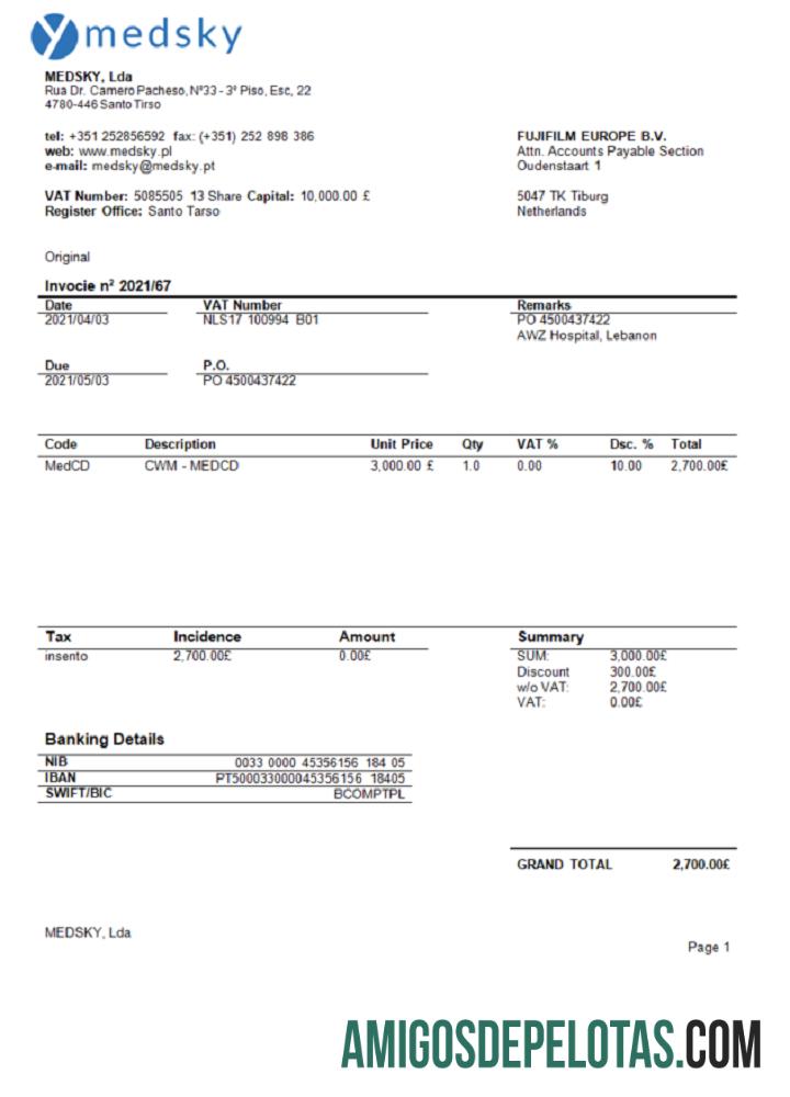 Factura da Empresa Portugal Medsky Lda modelo